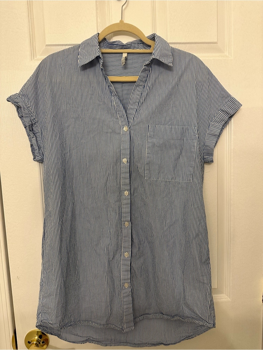 Zara‎ TRF Striped Button Down Shirt Dress Blue White Short Sleeve Small